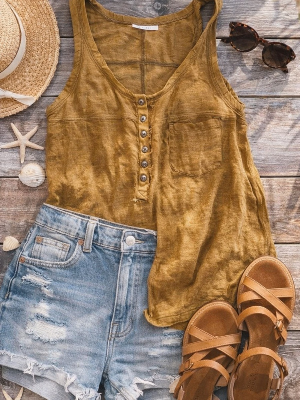 Free People 100% Linen Henley Tank Top Medium Mustard Brown Raw Edge Boho